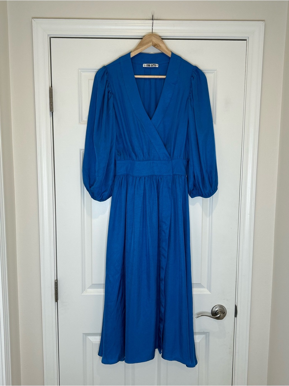 Ciao Lucia cobalt blue V-neck wrap midi dress with puff sleeves Size S